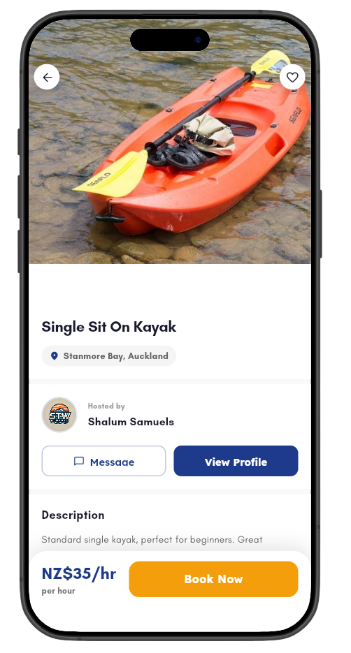 Kayak listing detail showing price, owner profile and Book Now button on Paddlme