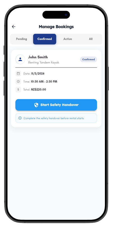 Manage kayak hire bookings — confirm rentals and track safety handovers on Paddlme